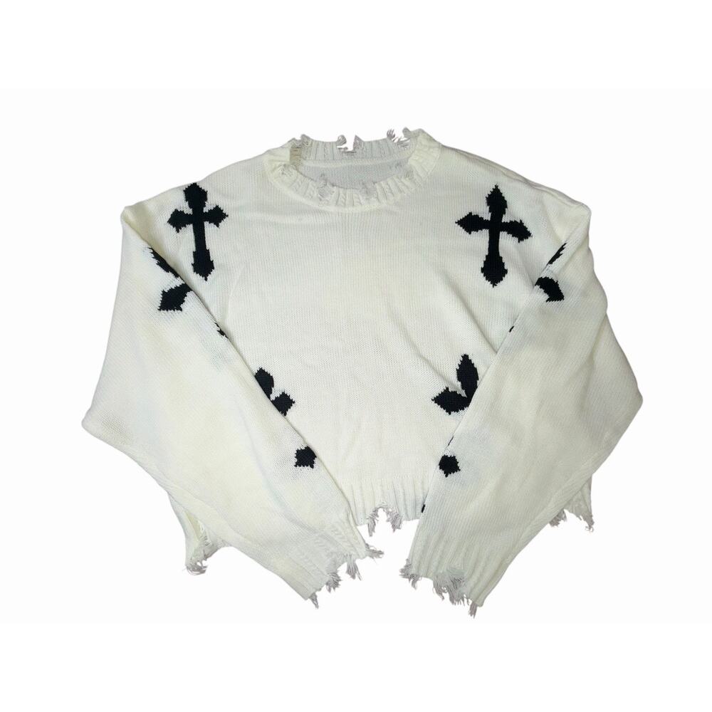 White Distressed Knit Sweater with Black Cross Details